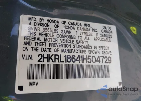2001 Honda Odyssey Ex z USA, uszkodzony, nr VIN 2HKRL18641H504729